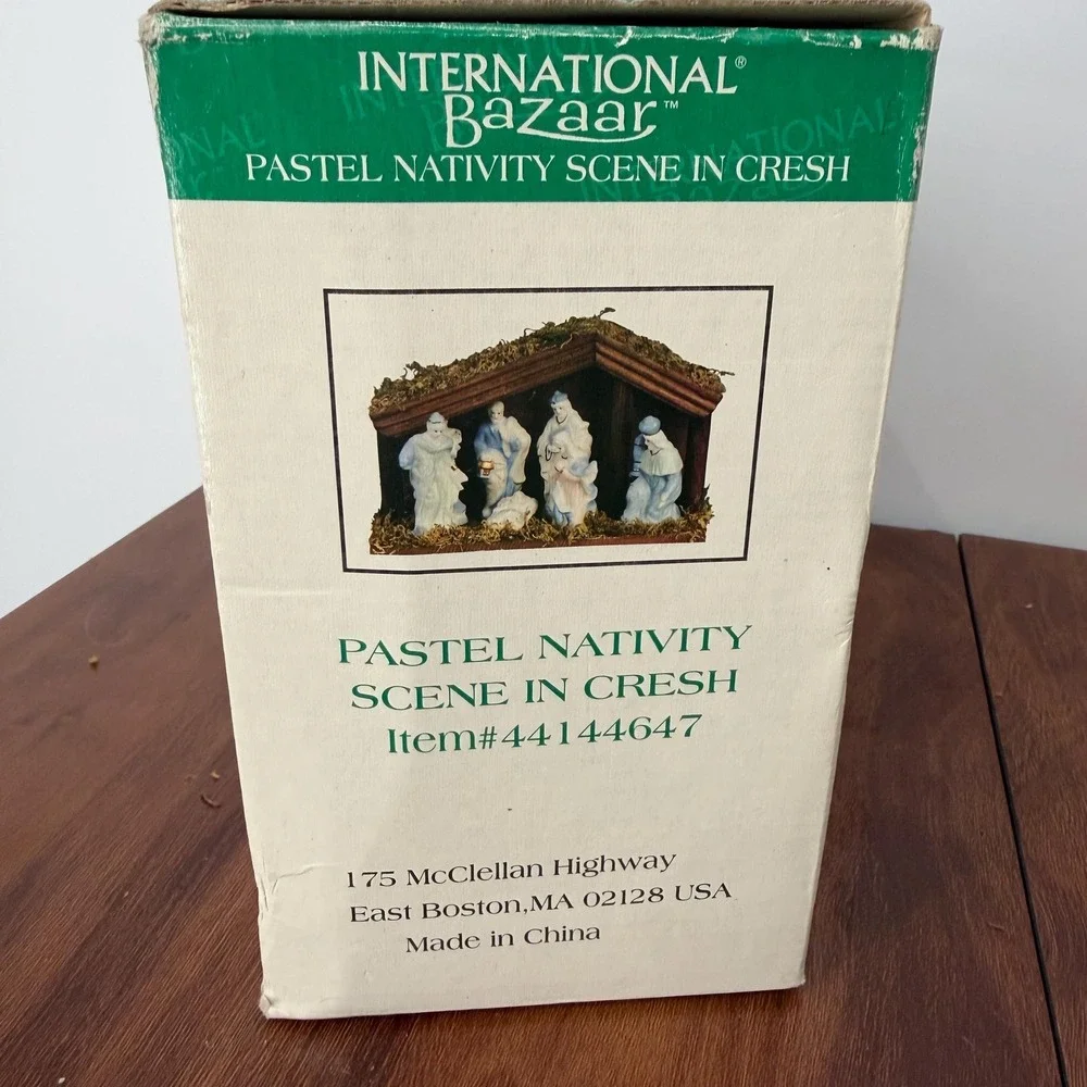 Pastel Porcelain Nativity Scene Wooden Stable Christmas Decor Holiday Display